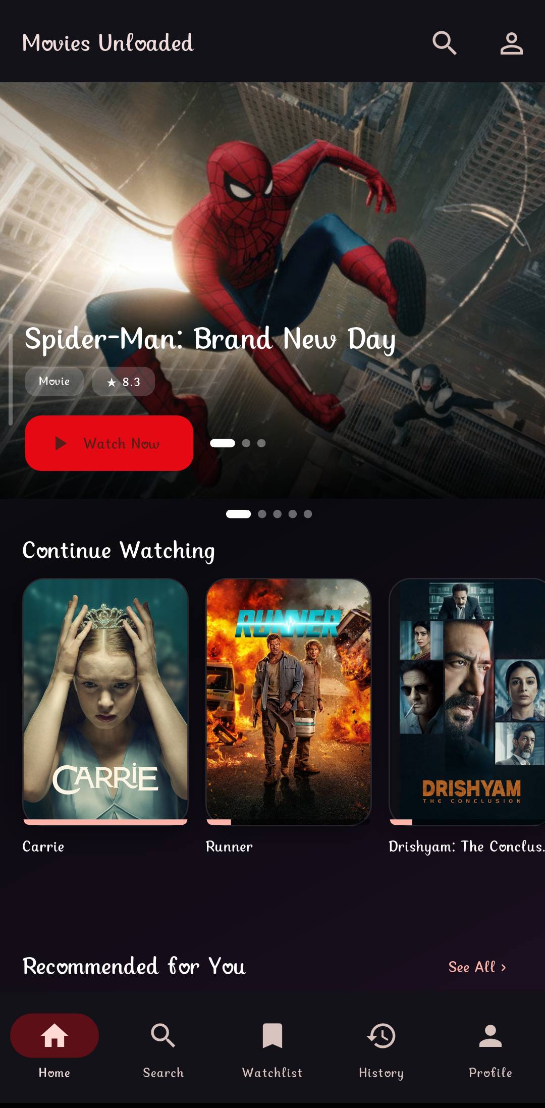 Movies Unloaded home screen